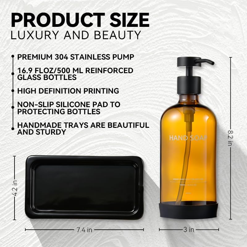 Glass Kitchen Soap Dispenser Set with Ceramic Tray,16.9 floz Hand and Dish Soap Dispenser for Kitchen and Bathroom Decor (Amber Bottles + Black Pumps)
