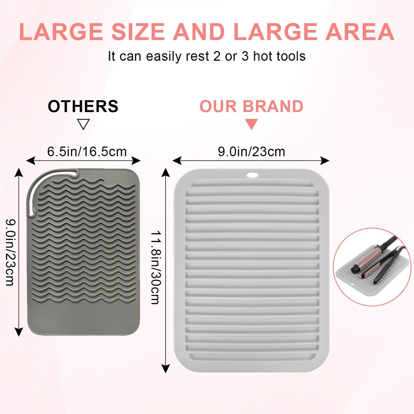 Large Silicone Heat Resistant Mat, Professional Hot Hair Tools Mat for Curling Iron, Flat Iron, Hair Straightener, Portable Hot Pad Cover with Velcro for Travel Home Salon(11.8" x 9.0")