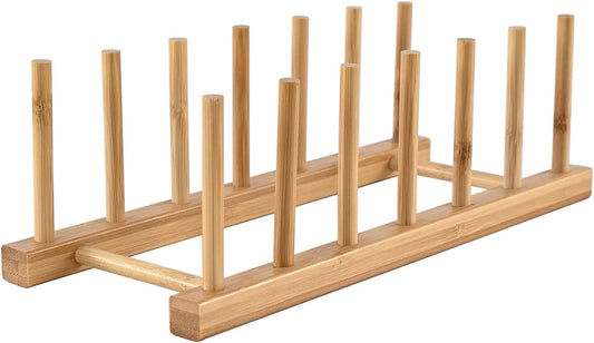 INNERNEED Bamboo Wooden Dish Rack, Vertical Plate & Lid Organizer for Kitchen Cabinet or Countertop, Drying Stand for Dishes, Cutting Boards