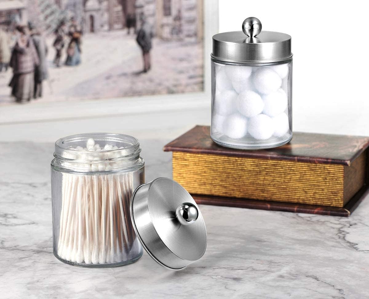 Amolliar 6Pc Apothecary Jars Bathroom Vanity Organizer- Rustic Farmhouse Decor Storage Canister&Stainless Steel Lids- Qtip Dispenser for Q-Tips,Cotton Swabs,Rounds,Ball,Flossers (Brushed Nickel)