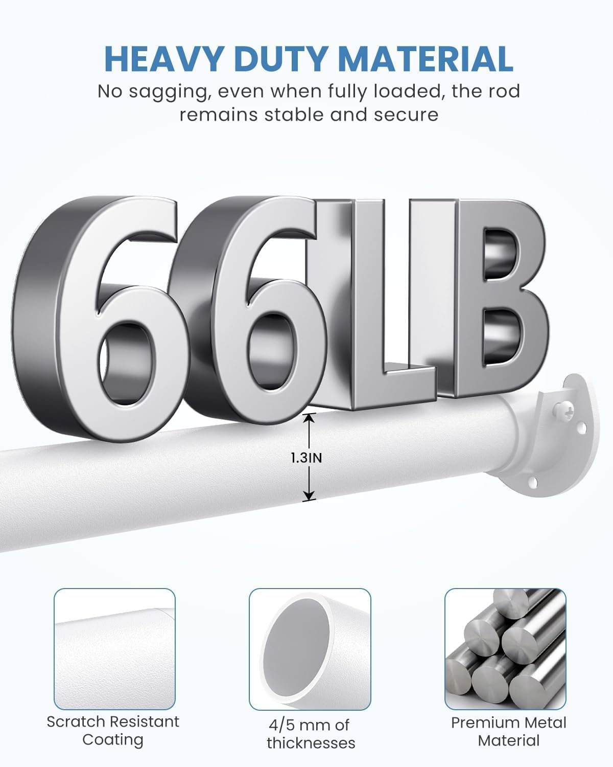 3 PACK Closet Rods for Hanging Clothes, 17 to 54 Inches Stepless Adjustable Metal Closet Rod, 1.3 Inches Heavy Duty Clothes Hanging Rod for Closet Wardrobes Laundry RV, White