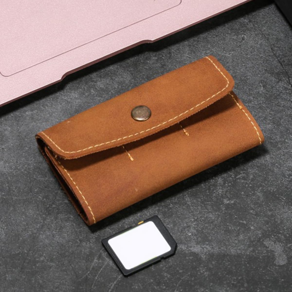 DOITOOL 2pcs Retro PU Memory Card Case Holder Organizer Secure Snap Closure Protective Storage Box for Cards Travel-Friendly Brown (2pcs)