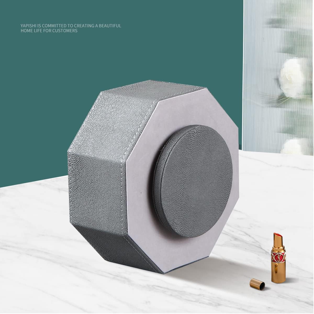 Leather Remote Control Holder,360 Degree Spinning TV Remote Caddy,9 Grids Desk Organizers and Accessories for Storage Controller,Calculator,Mail,Media,Pen,Phone etc(Grey Fish pattern)