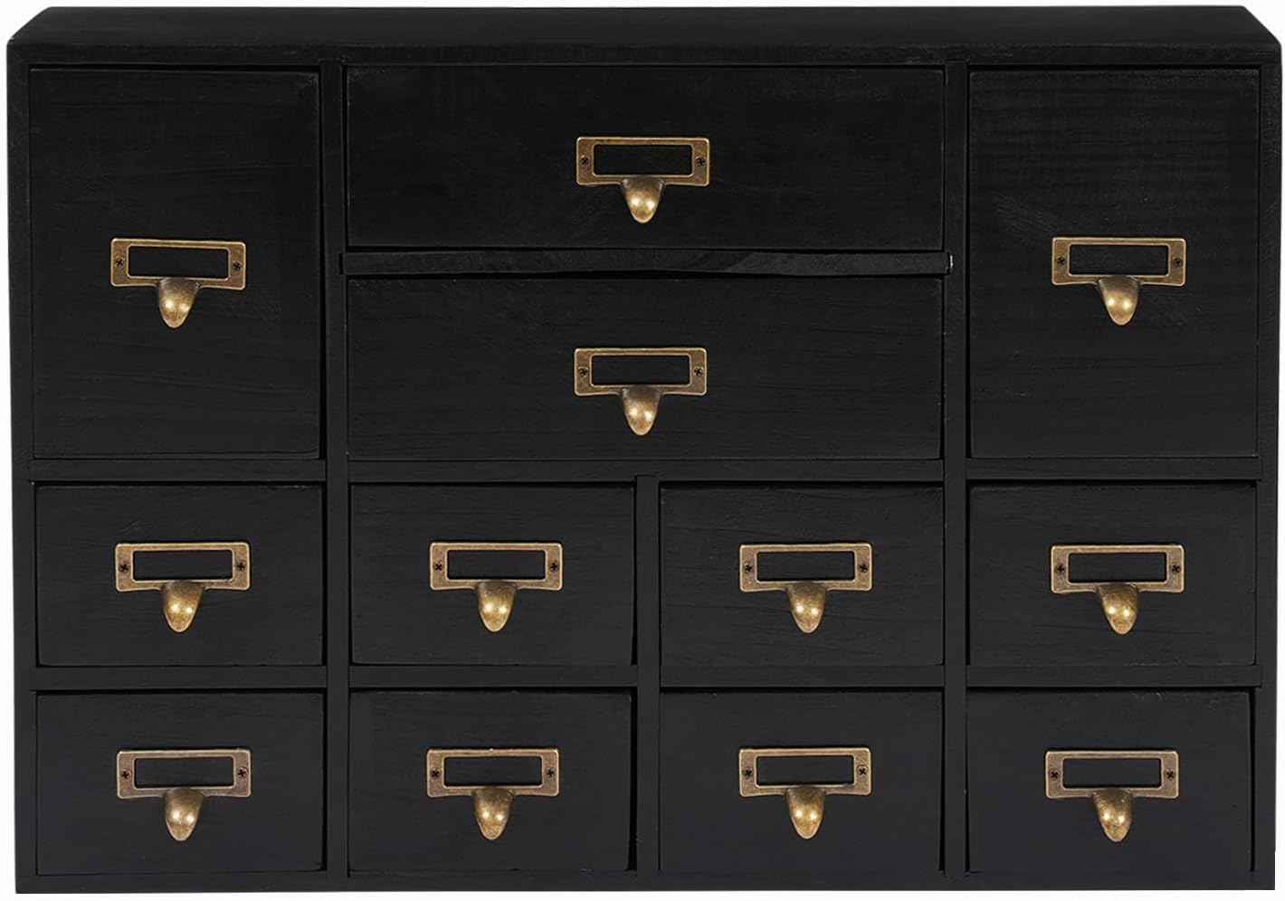 12-Drawer Wooden Storage Cabinet Organizer, Apothecary Cabinet Vintage Library Card Catalog Cabinets for Countertop Apothecary Tea Coffee Pod Storage (Black)