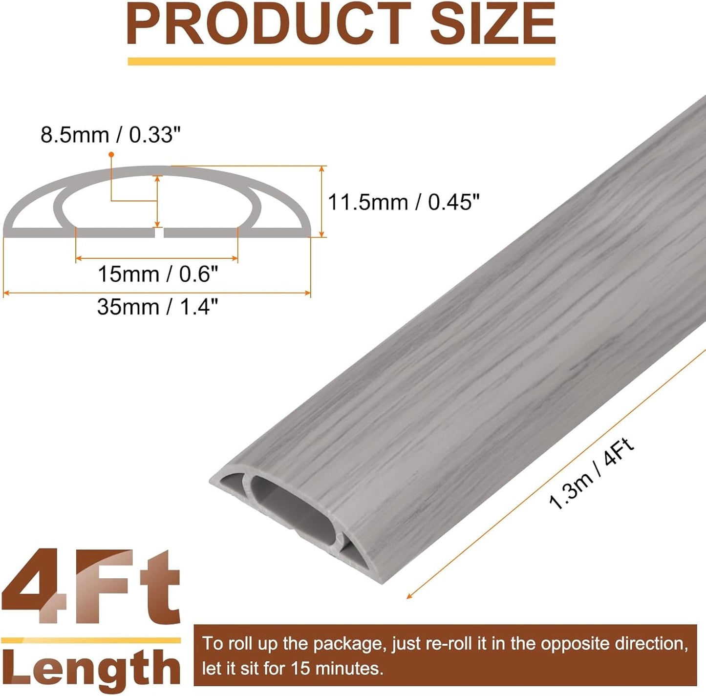 HARFINGTON 4ft Cord Cover Floor W0.6 x H0.33 Inner Channel PVC Hide Extension Cable Floor Wire Hider Wire Covers Protector for Prevent Cable Trips Cables Management, Wood Grey