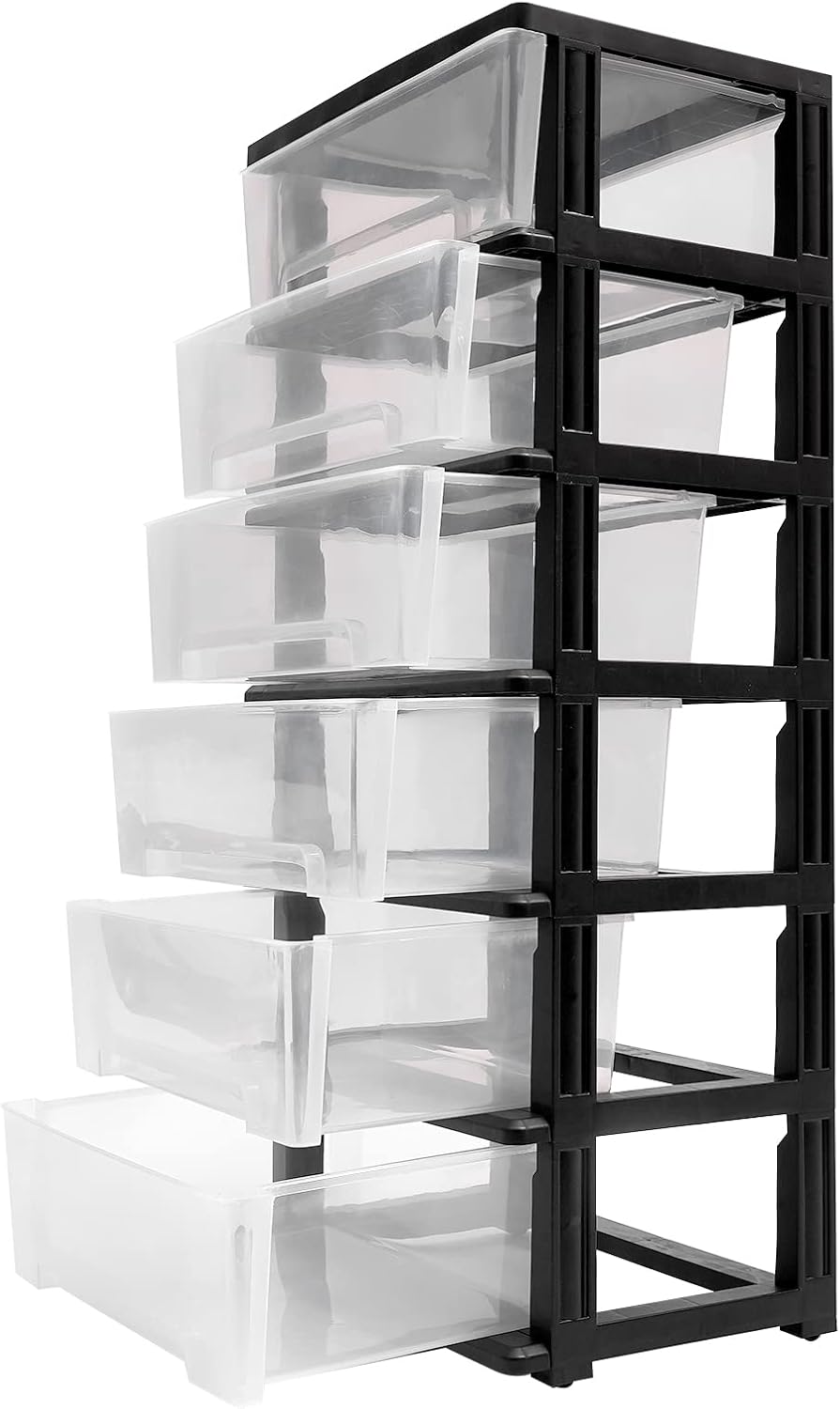6 Clear Drawer Storage Organizer Rolling Cart,Heavy-Duty Storage Tower Plastic Cart Organizer for Closet,Living Room,Hallway, Dormitory (Black)