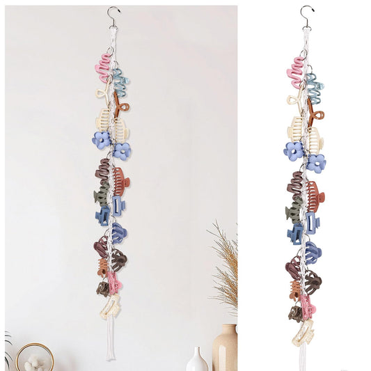 SNOWSTAR Macrame Hair Claw Clip Organizer with Rotating Hook and 20 Metal Rings,Hanging Hair Clip Holder and Storage for Women Girls,Claw Clips Hanger Home Decor for Wall,Door,Closet