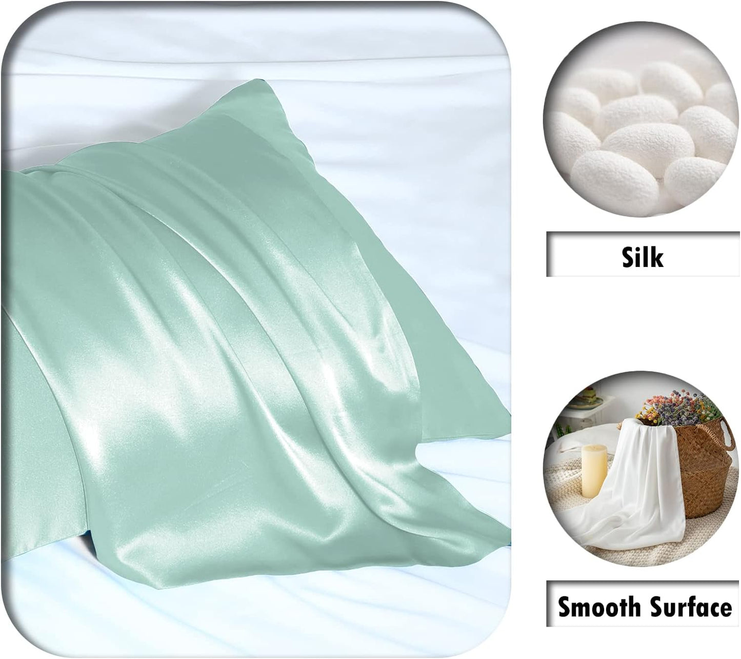 SUATIEN Mulberry Silk Pillow Cases Standard Size Silk Pillowcase for Hair and Skin with Zipper Soft Breathable Smooth Cooling Silk Pillow Case for Sleeping,Gifts for Women (Sage Green,20"X 26",1Pcs)