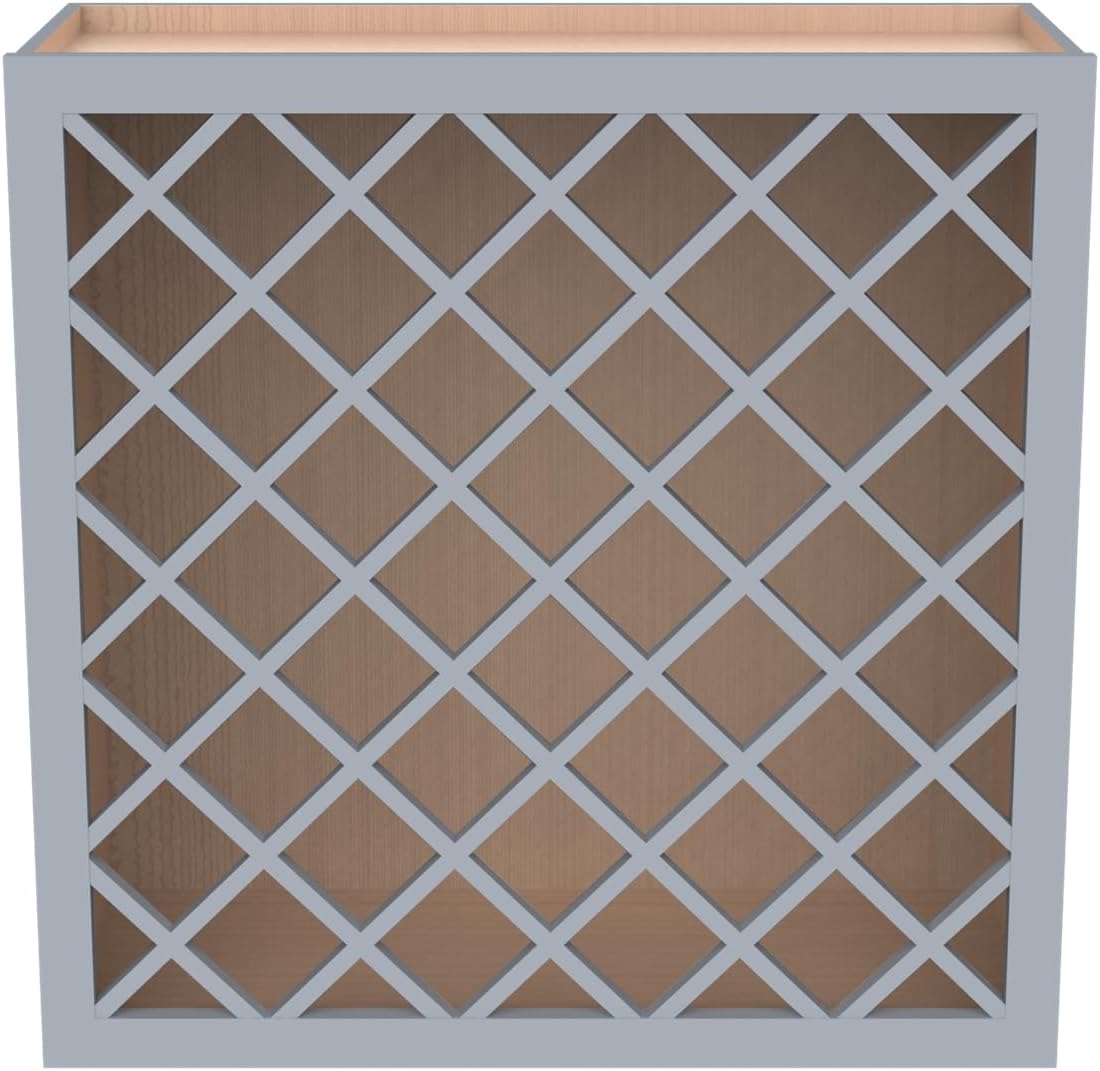 Solid Wood RTA Wine Bottle Rack Wall Cabinet with Lattice Panels - Bottle Holder Storage for Bar, Pantry, or Wine Cellar - Mocha Finish Countertop Solution (Gray, 24'W 12'D 30'H)