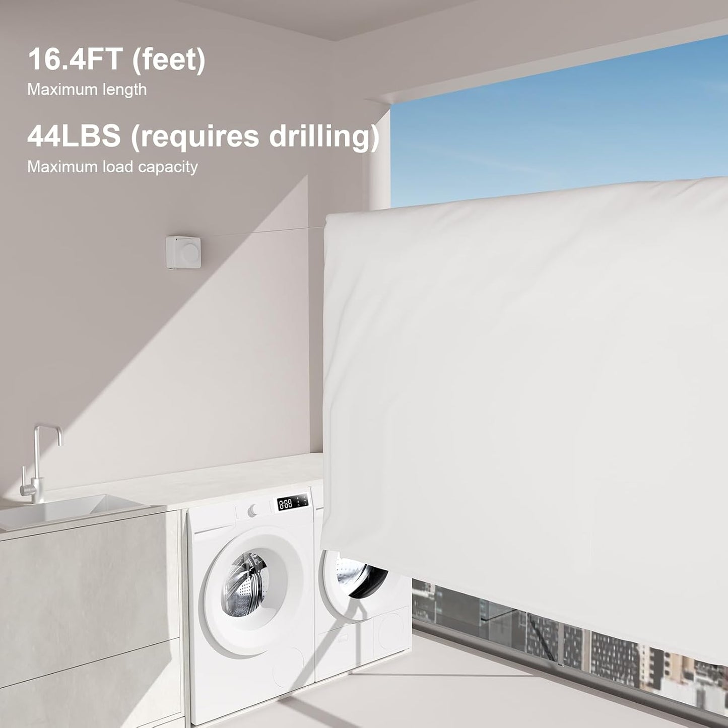 Suntree Retractable Clothesline in White - 16.4ft No-Sag Stainless Steel Cable, 5 Clips, 2 Installation Kits (No Drill/Drill), 44lb Heavy Duty Wall Mount Indoor Outdoor Laundry Drying Rack