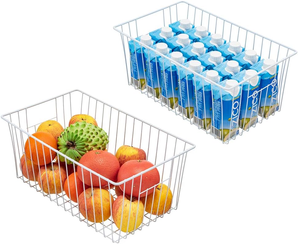 Freezer Baskets Organizer, Refrigerator Metal Wire Storage Divider, Household Container Bins with Handles for Kitchen, Pantry, Cabinet, Closets - Pearl White (6, 16in x 10in x 5.5in)