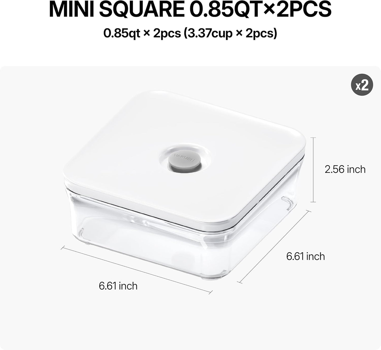 VAKUEN Premium Airtight Food Storage Containers, Mini Square 2pc/set(0.85qt), Smart One-Click Seal Lid, No Hinges, 100% Leak Proof, BPA-FREE, Dishwasher, Freezer & Microwave Safe