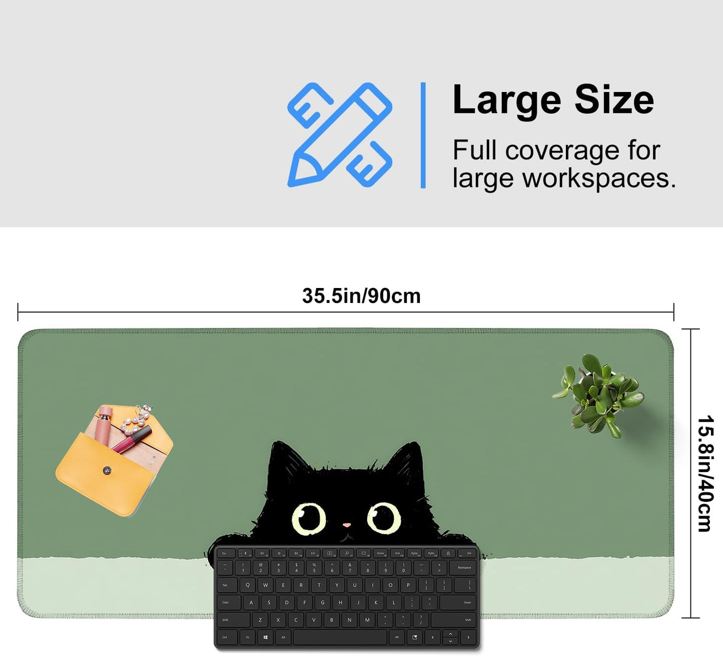 Cute Black Cat Large Mouse Pad – Extended Desk Mat 35.43 x 15.75 in – Kawaii Kitty Peeking Over Edge, Green Background, Non-Slip Rubber Base, Waterproof Keyboard & Mouse Pad for Office or Gaming