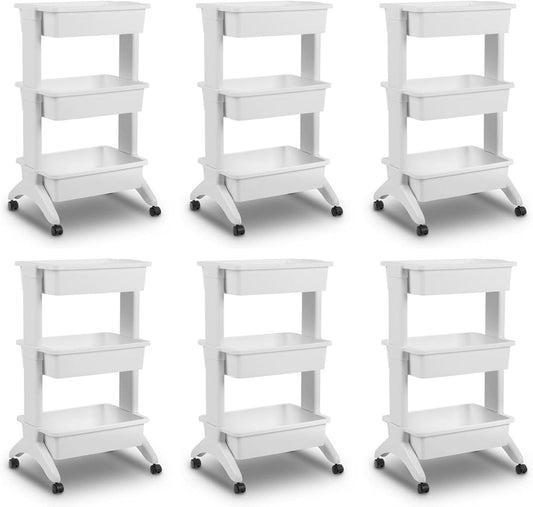 Sterilite 3 Tier Utility Cart Portable Storage Open Bin Organizer with 360 Degree Smooth Rolling Caster Wheels, Supports 10 lb Per Tier, White, 6-Pack
