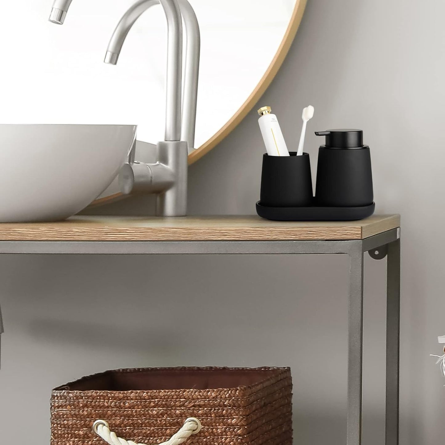 Black Bathroom Accessories Set 3 pcs - Ceramic Foaming Bathroom Soap Dispenser Set Farmhouse Black Bathroom Decor, Foam Soap Dispenser and Toothbrush Holder/Tumbler Cup, Tray