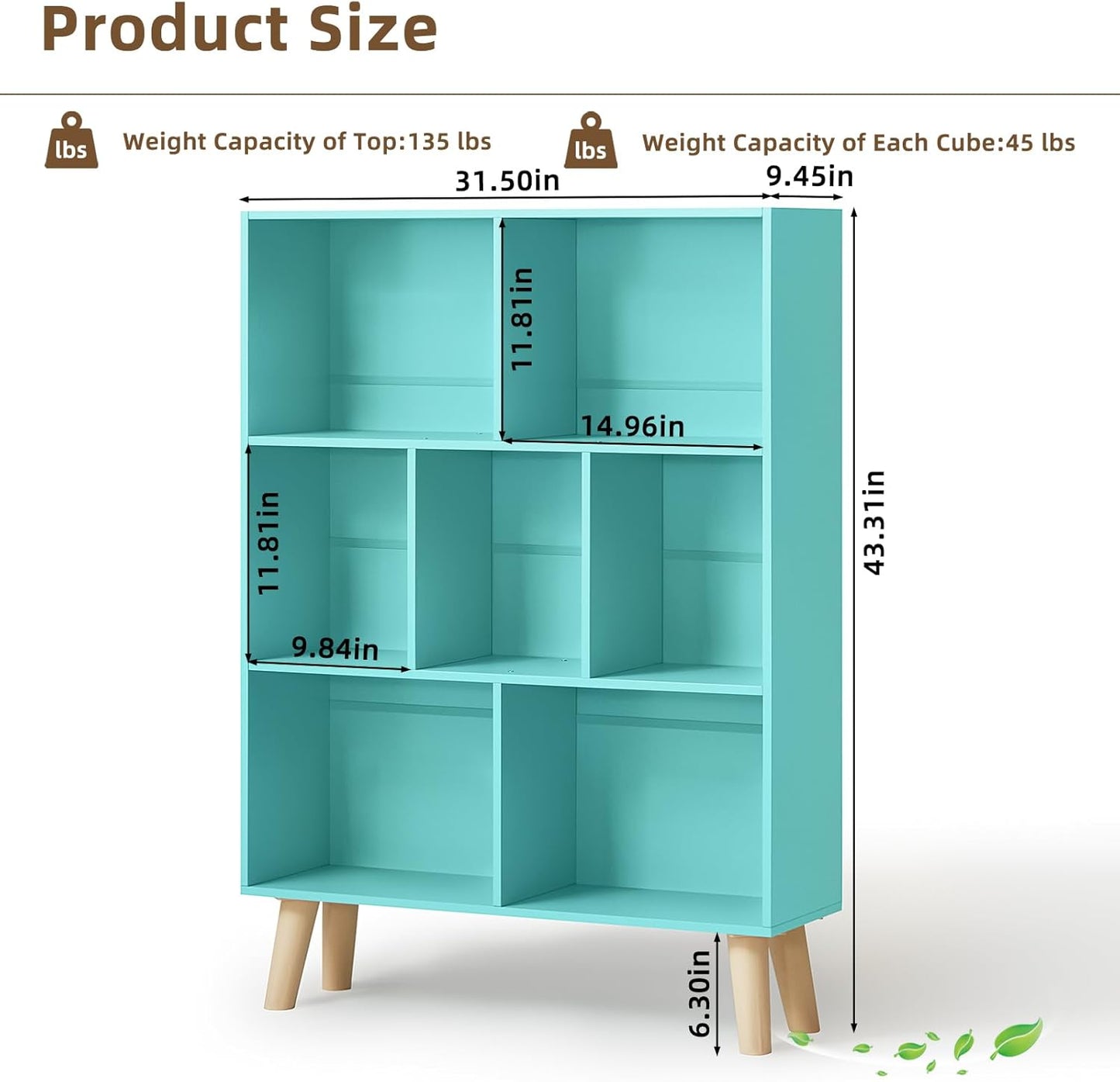 LEYAOYAO 7 Cube Bookshelf 3-Tier Bookcase with Legs, Mint-Green Kids Book Shelf Cute Storage Organizer, Toy Shelves Bookshelves,Wood Display Bookcases
