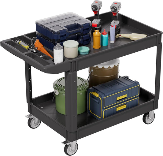 2 Tier Plastic Rolling Utility Cart on Wheels, Heavy Duty Tool Cart with Deep Shelves and 360° Swivel Wheels Holds up to 550 lbs, Service Cart for Warehouse,Garage, Cleaning (Black-L)