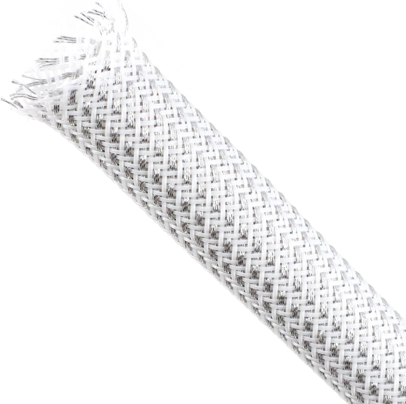 Braided Cable Sleeving, PET Expandable Braided Cable Sleeve, Flexible Mesh Sleeving Cord Management for Audio Video and Other Home Device, Cord Protector from Pets (White Silver, 13/16" x 25ft)