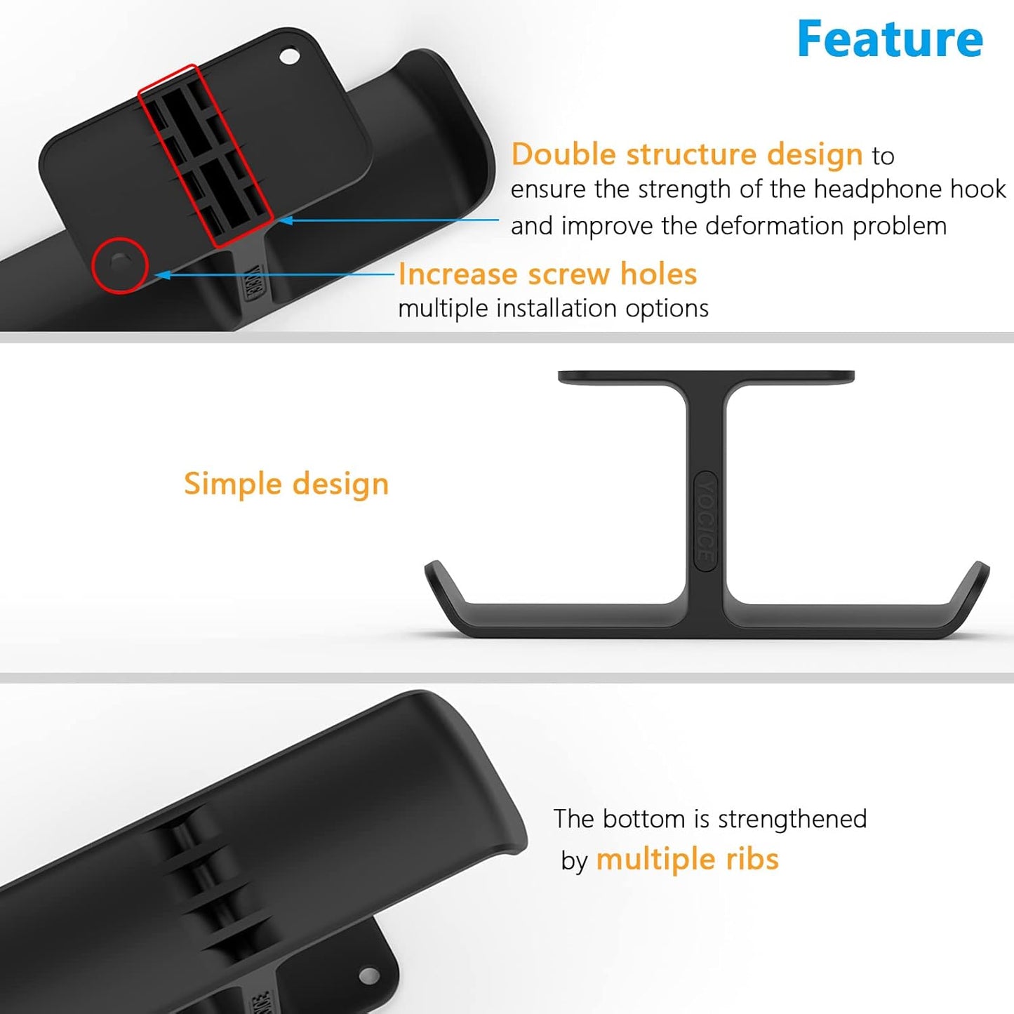 Upgraded Headphone Stand Hanger,Headset Holder Mount, Hook of Double Hanging Design with Strong Adhesive Tape for Headphones,H02U-Black-1PCS(Double Hanging)