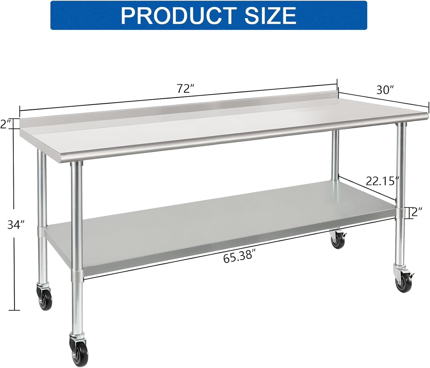 HARDURA Stainless Steel Table with Wheels 30X72 Inches NSF Heavy Duty Commercial Prep Table with 2” Backsplash and Adjustable Undershelf for Food Prep