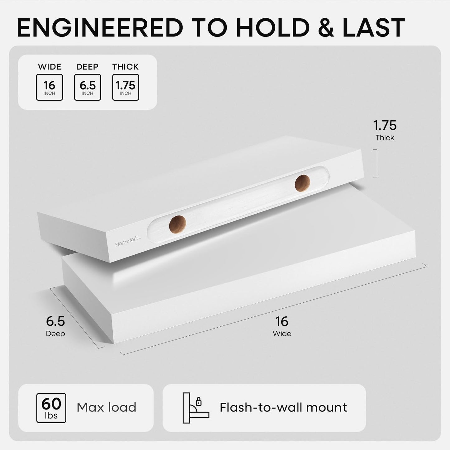 Homeforia White Floating Shelves 16 inch, High End Solid Real Wood 16inch Bathroom Floating Shelf for Wall Mounted, White Wooden 16 Floating Shelves, Heavy Duty Bracket, 16 X 6.5 X 1.75 inch, Set of 2