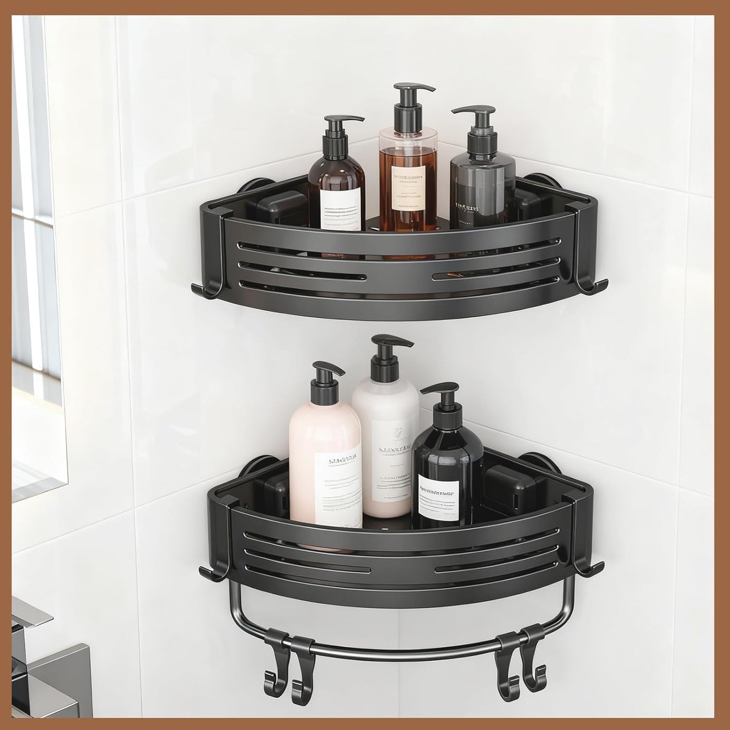 Aluminum Corner Shower Caddy, Rust Proof Bathroom Organizer with Suction Cup, Press Fit Tripod Design, Storage Rack for Shampoo
