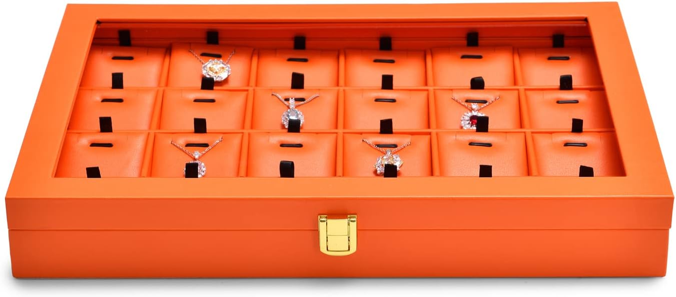 Oirlv Premium Leather Jewelry Tray with 24 Grid Removable Jewelry Cards Necklace Organizer Box with Transparent Acrylic Lid Necklace Pendant Display Case