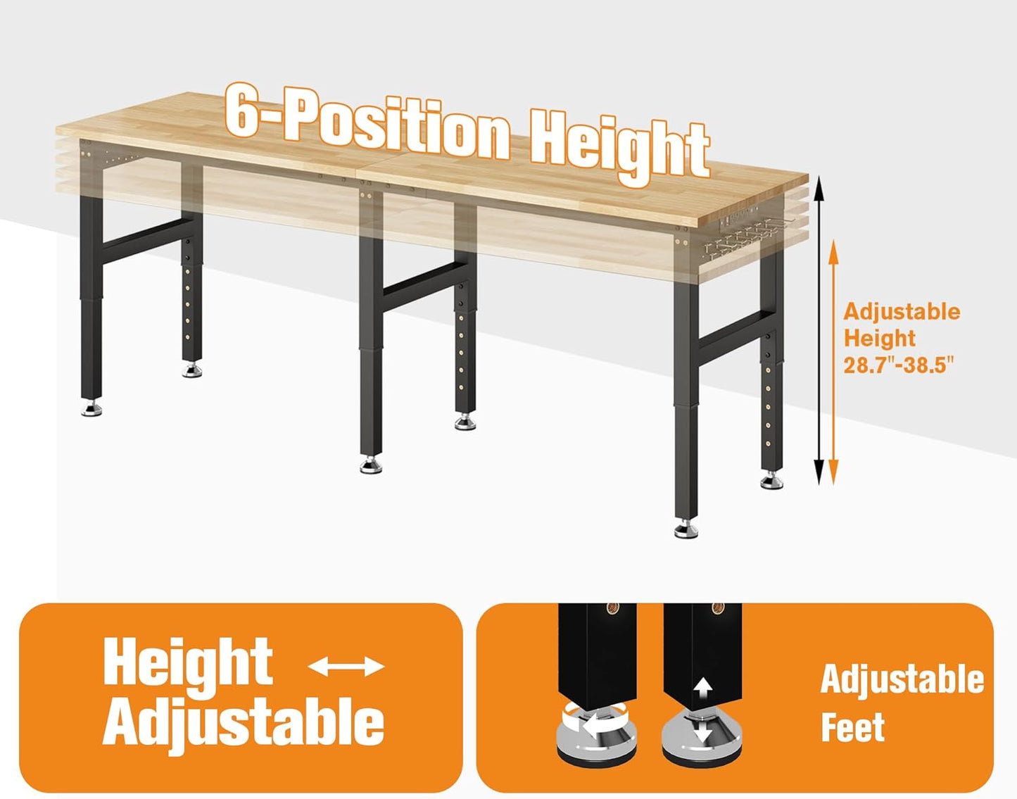 SPECRAFT 84“ Adjustable Heavy Duty Workbench with 4 AC Outlet and 2 USB Ports Power Outlets, 6000 Lbs Capacity, Rubber Wood Top for Garage, Workshop, Office