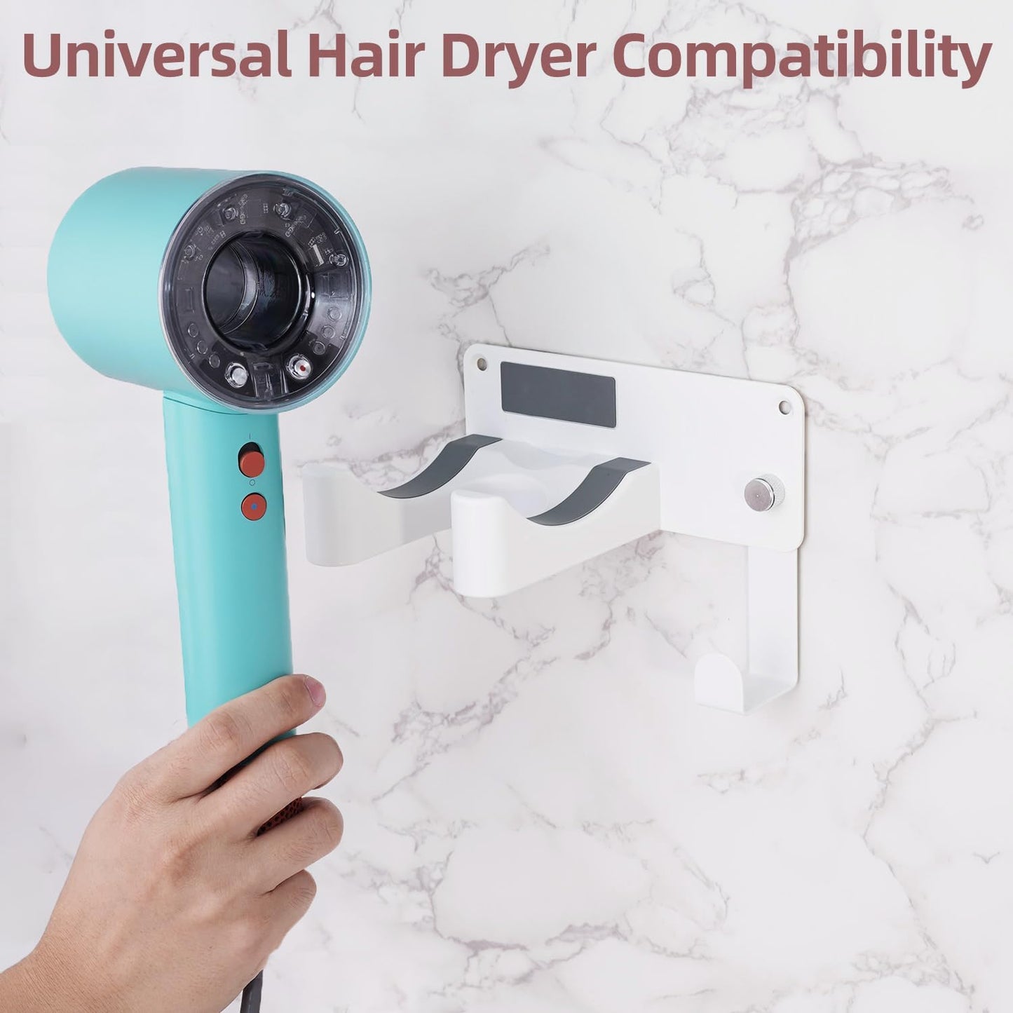 Hair Dryer Holder, Aluminum Alloy Blow Dryer Holder with Adhesive/Screw Installation, Universal Hair Dryer Wall Mount Compatible with Dyson Hairdryer Holder for Bathroom White UEMUSI