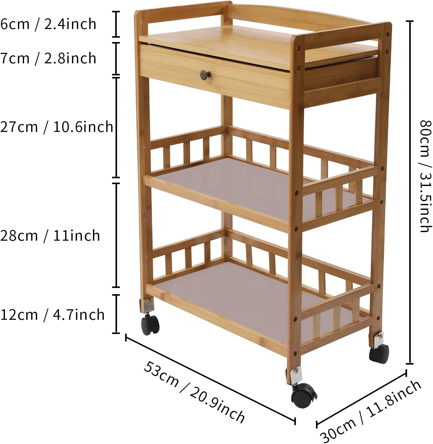 3 Tier Bamboo Storage Cart - Rolling Cart Removable Wood Trolley wit, Utility Cart Multi-Layer Storage Shelf Rack Bamboo Wine Rack with Wheels for Bar Dining Room Office Kitchen Kids' Room