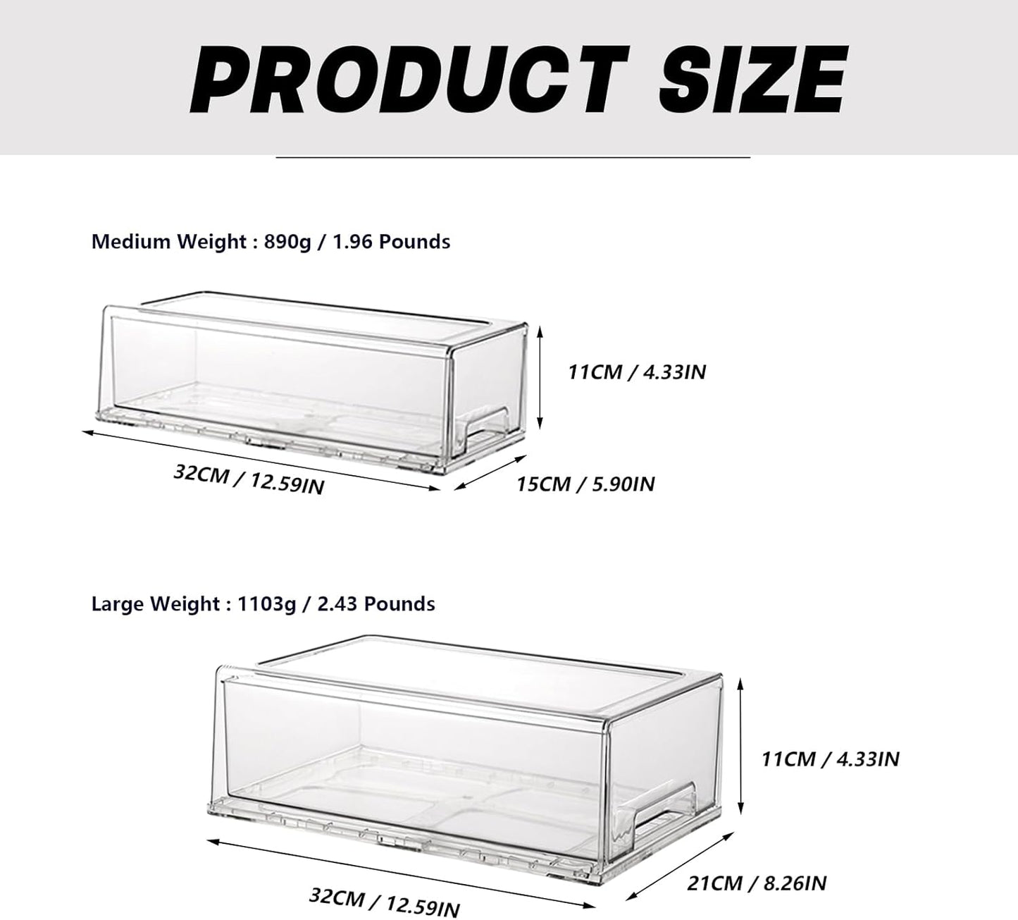 Stackable storage drawers, clear pull-out organizer with handles and non-slip pads for kitchen, refrigerator,office desktop, pantry and shelves, perfect for organization and storage (2 Pack, Large)