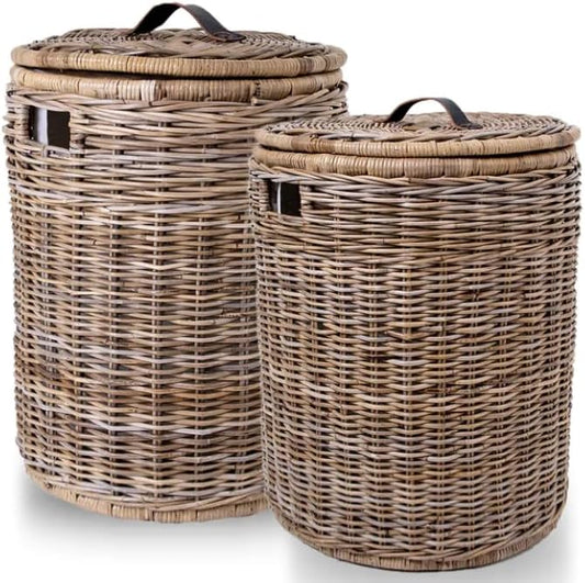The Basket Lady Round Wicker Hamper | Wicker Laundry Hamper Nested Set of 2 Serene Grey…
