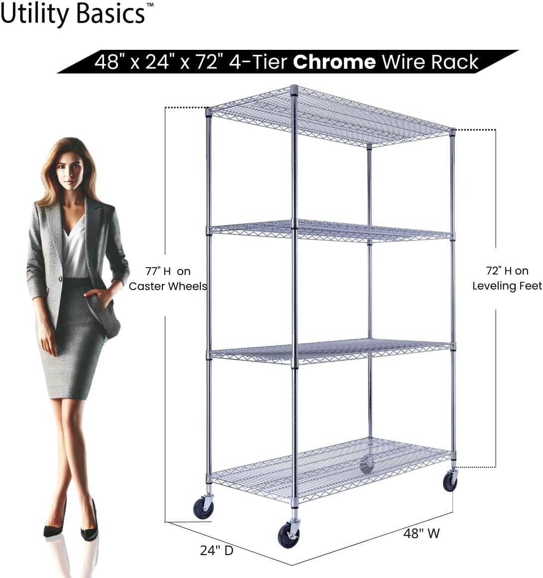 NSF Commercial 4-Tier Wire Shelving with Wheels, 48"x24"x72" Heavy Duty Metal Shelves 3200 lbs Max Capacity, Chrome Storage Rack for Garage Kitchen Pantry Warehouse