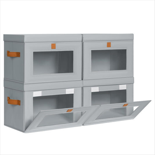 Small Fabric Storage bins - Collapsible Storage Bins with Open Window, 4 Pack Closet Baskets for Shelves, Stackable Decorative Boxes for Home, Dorm, Grey, 13.7"x 9.8" x 9.8"