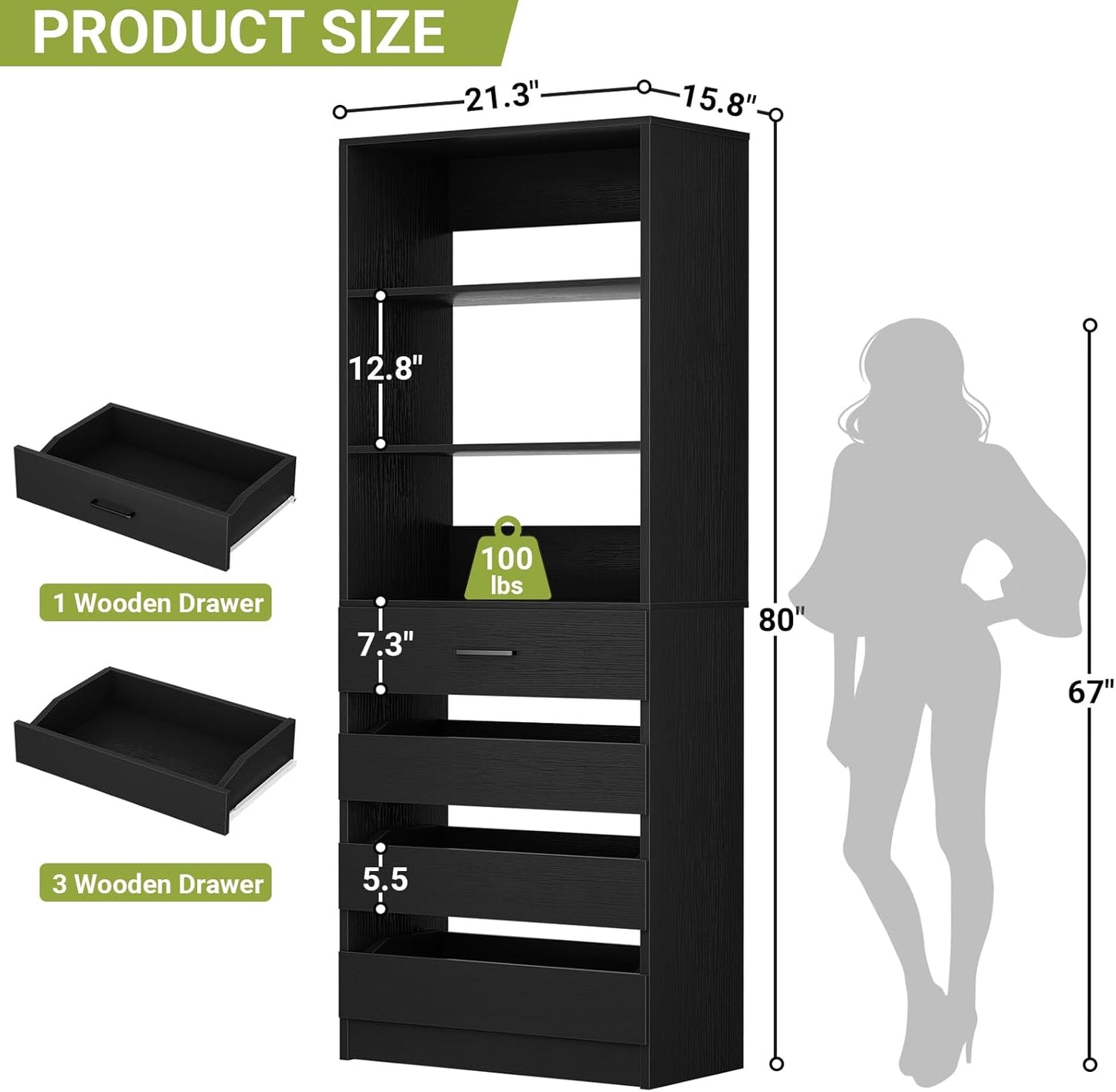 Aheaplus 21.3" Closet System with 4 Drawers, Wood Closet Organizer with Open Shelves, Modular Drawers System Tower, Walk-in Small Wardrobe Rack, Tall Storage Cabinet Unit, Black