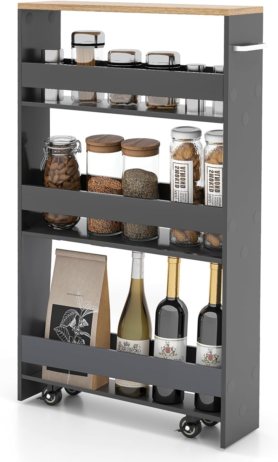 Slim Rolling Storage Cart, 4 Tier Narrow Kitchen Cart with Wheels, Between Washer and Dryer Cart, Wood Shelving Unit Organizer w/Handle for Small Spaces (Grey & Natural, 5-Inch)