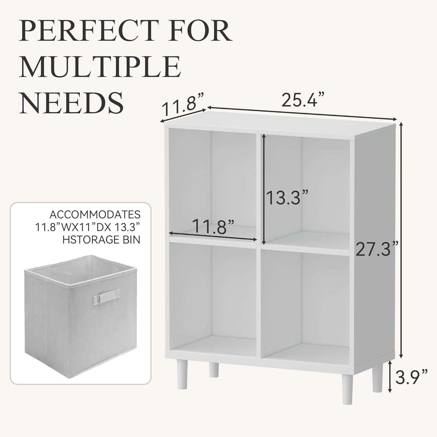 Wood Cube Storage Organizer White Bookshelf - 2-Tier Freestanding Storage Cabinet with Legs for Home Office, 4-Cubes Open Shelf