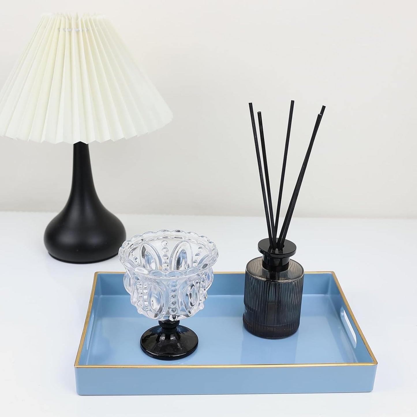 Spsyrine Blue Bathroom Vanity Tray with Handles for Dresser Tops, Countertop, Perfume Decorative Tray, 11.8” * 7.87” *1.37”
