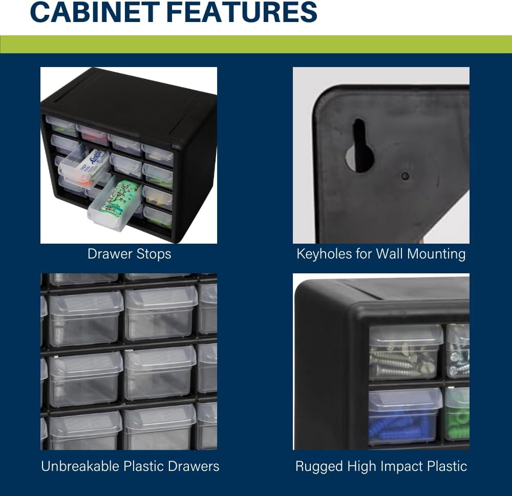 Akro-Mils 16-Drawer Plastic Cabinet for Garage Organization, Beads, Makeup Organizer, Building Bricks Storage, Teacher Toolbox, 10-1/2" W x 6-1/2" D x 8-1/2" H, 10716 Black (Pack of 4)