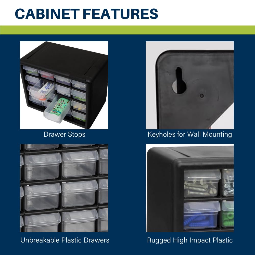 Akro-Mils 16-Drawer Plastic Storage Cabinet | 10-1/2 x 6-1/2 x 8-1/2 Inch | Black | Model 10116 | Garage Organization