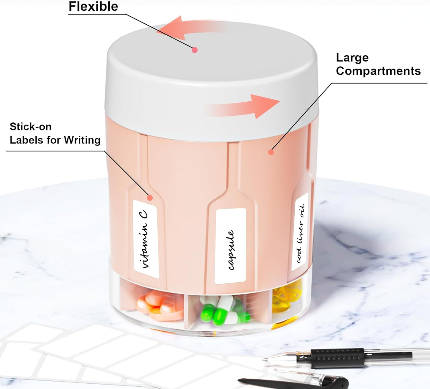 Betife Extra Large Supplement Organizer,Weekly Pill Organizer Bottle, Daily Pill Dispenser with 7 Large Compartments, Organizer to Hold 7 Day Vitamin Medication,21 Labels and a Cleaning Brush（Pink）