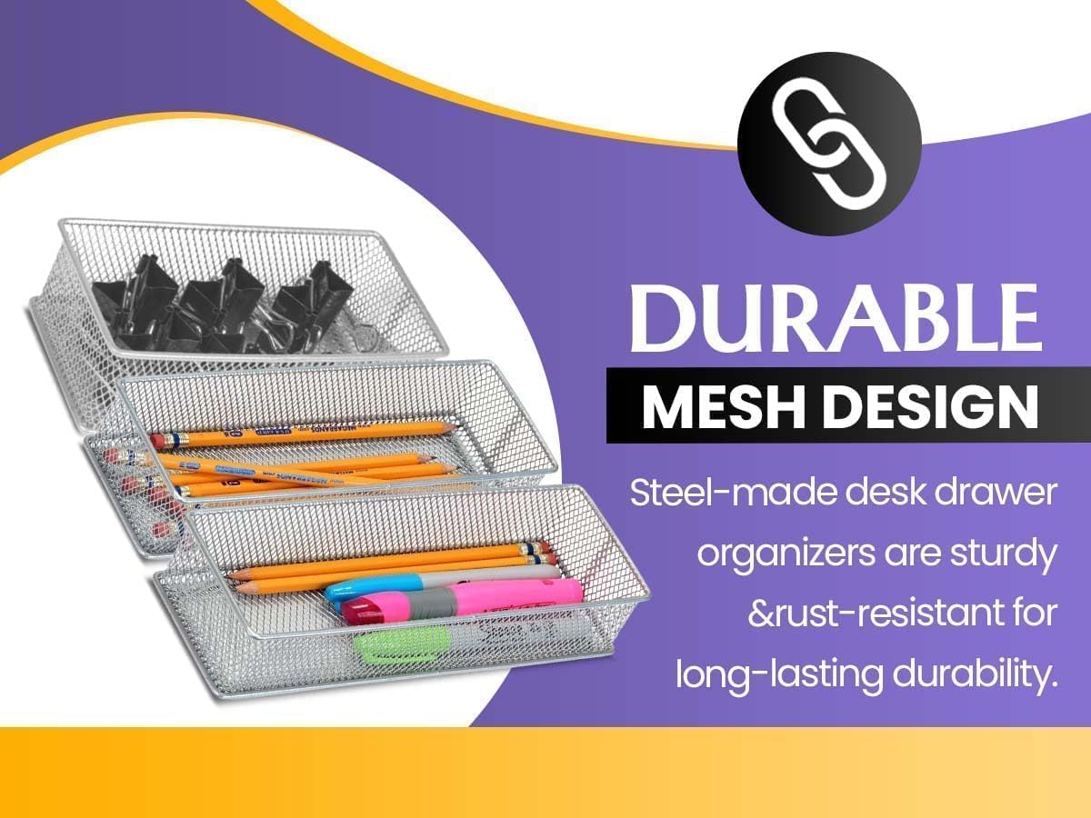 YBM HOME Silver Mesh Drawer Cabinet and or Shelf Organizer Bins, School Supply Holder Office Desktop Organizer Basket (2, 6x15x2 Inch)