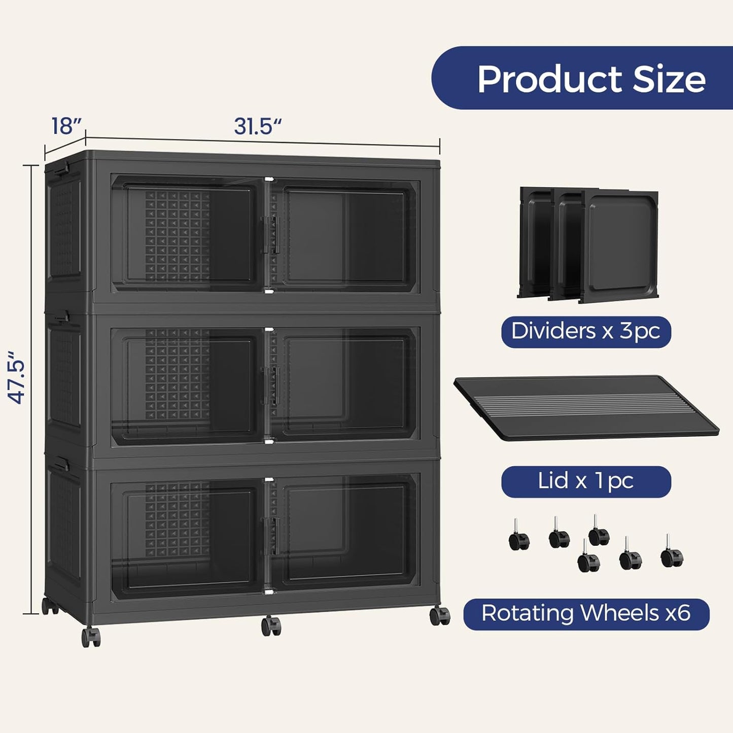 150Gal Stackable Storage Bins with Lid, 600Qt Extra Large Collapsible Storage Box with Wheels, Dividers, Folding Plastic Cabinet Closet Organizers for Home Kitchen Office Dorm, 3Pack Black