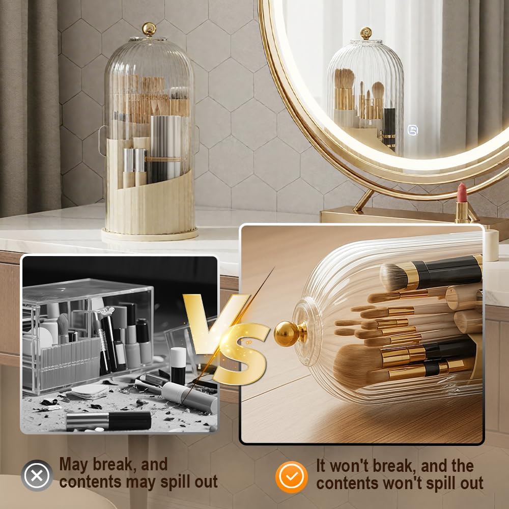 Covered 360° Rotating Makeup Brush Holder, Makeup Organizers with Lid, Clear Cover Brush Holder with Transparent Door Lid for Desktop, No Dust Toothbrush Holders for Vanity and Bath (Clear black)