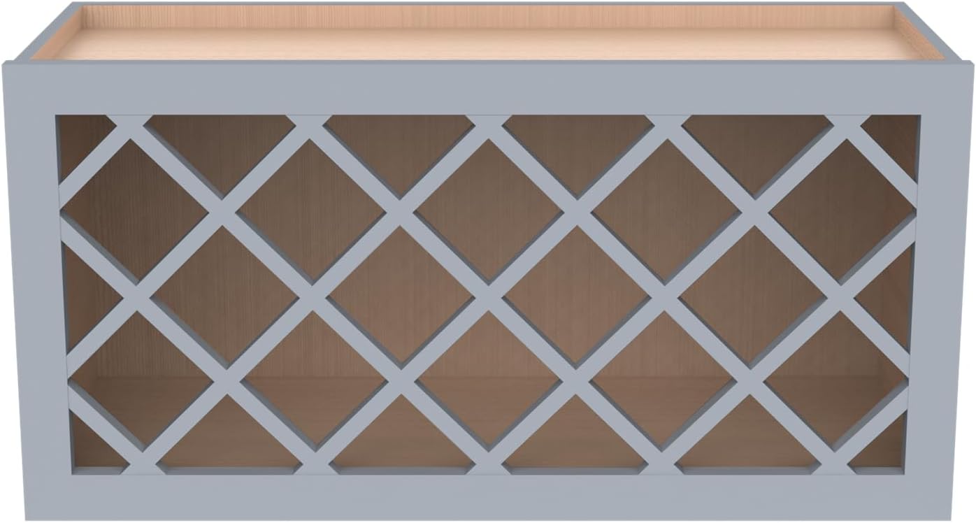 Solid Wood RTA Wine Bottle Rack Wall Cabinet with Lattice Panels - Wine Storage for Bar, Pantry, Cellar - Mocha (30'W 12'D 18'H)