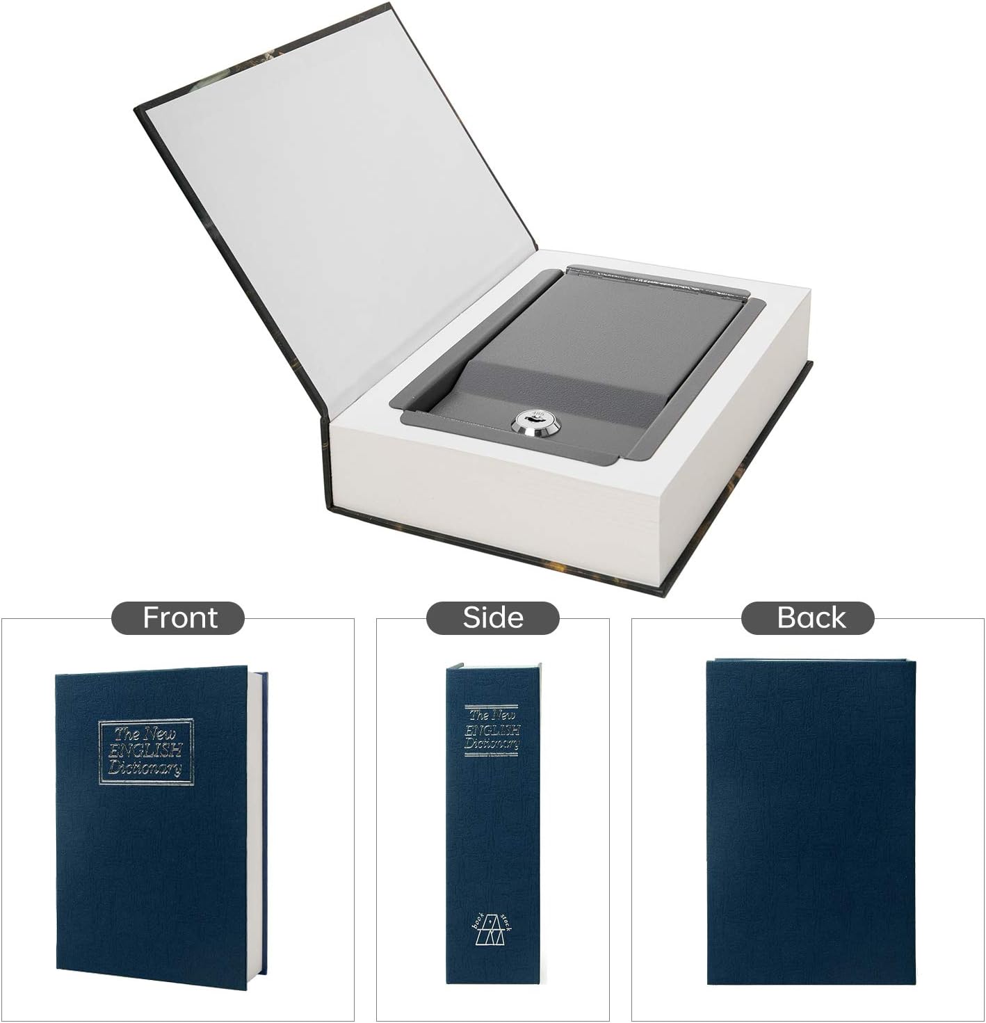 Real Paper Transfer Book Safe, Hollow with Secret Hidden Compartment, Key Lock, 8.7"×6"×2" (Blue Dictionary-Key)