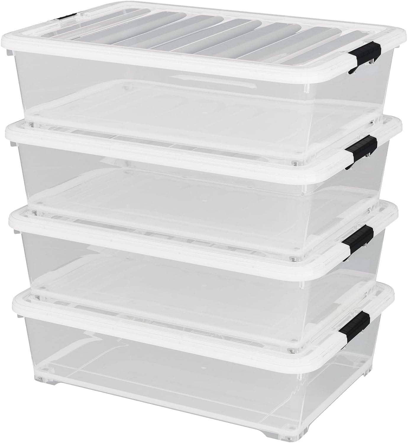 50 Quart Plastic Under Bed Storage Container, 4-Pack Large Clear Latching Storage Box with Wheels