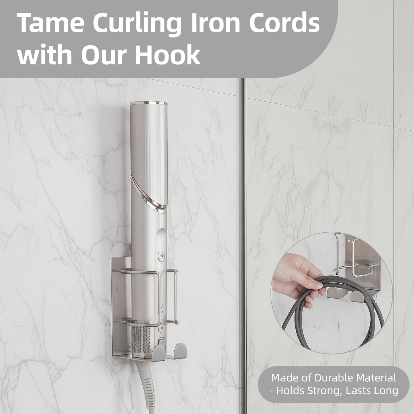 Curling Iron Holder, Stainless Steel Flat Iron Holder Wall Mount, Hair Straightener Holder for Bathroom Storage, Flat Iron Holder Wall Mount Space Saving Hair Tool Organizer Silver BANJEKT