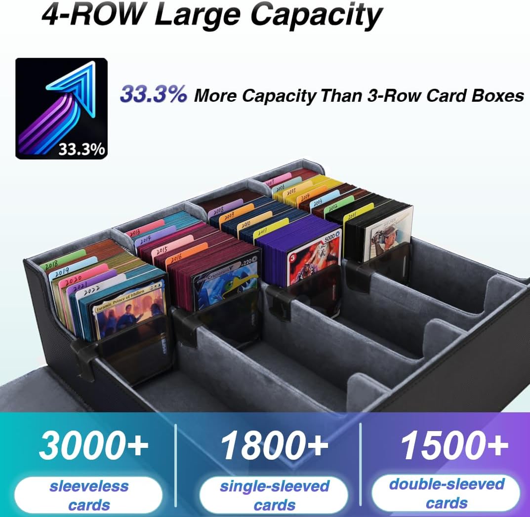 Venssu Card Storage Box For Trading Cards With Dedicated Card Supporters,3000+ Mtg Deck Box With 24 Colorful Divider Tabs,Trading Card Storage Fits For Magic Game Cards (Black and Grey)
