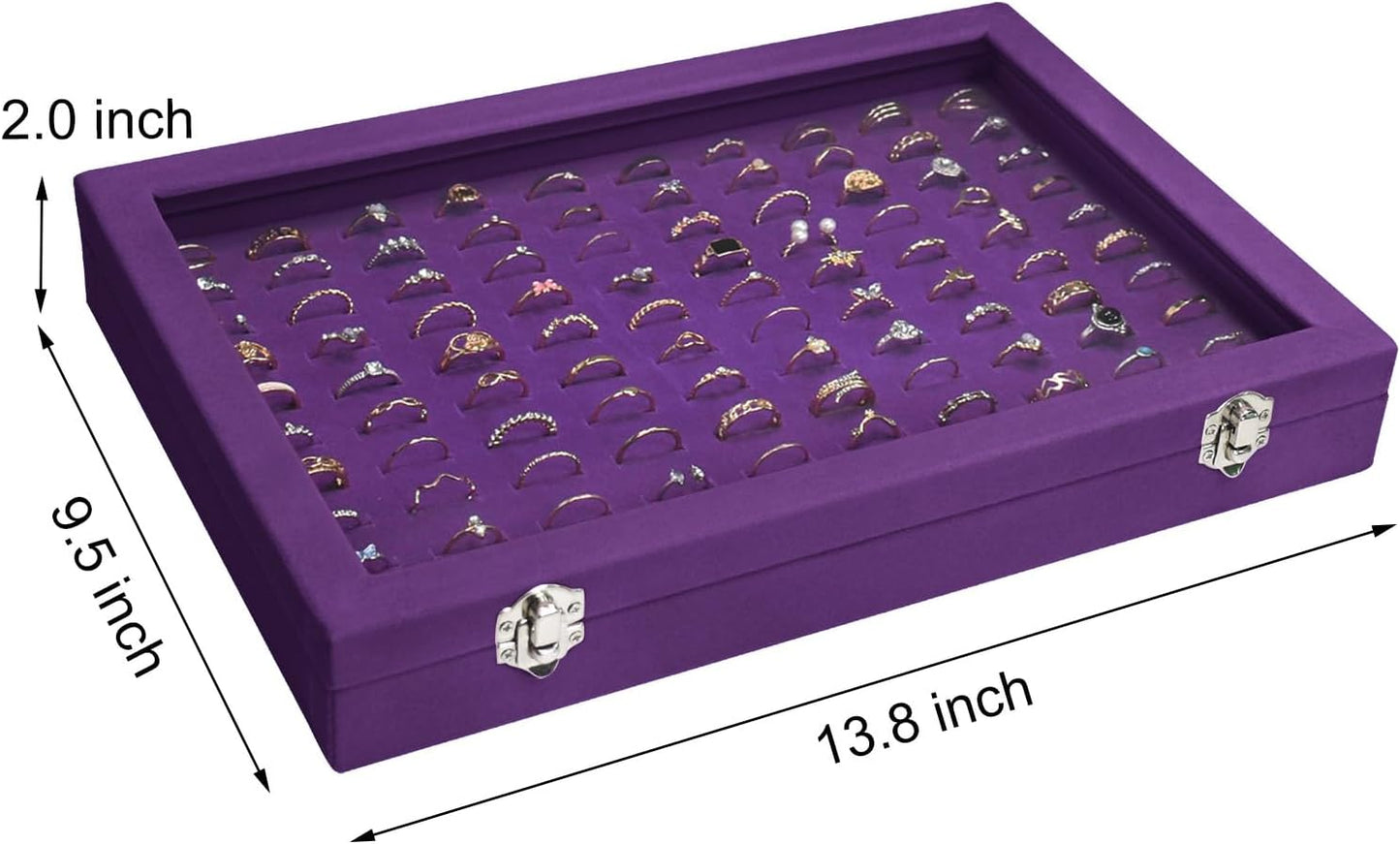 Ring Display Tray Organizer Box with Transparent Lid, 100 Slot Ring Holder Showcase For Store Display Jewelry Show Home, Ring Organizer For Jewelry Rings, Studs Earrings (Purple)
